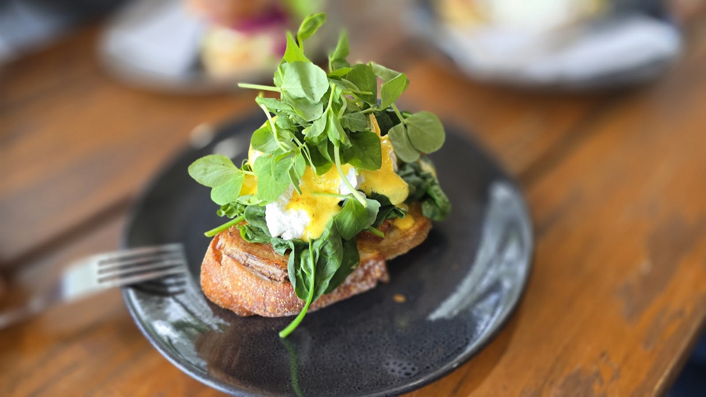 A poached egg with hollandaise on sourdough toast, topped with fresh pea shoots, on a dark plate